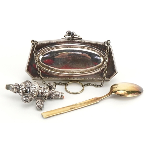 497 - Objects comprising a Norwegian silver gilt and enamel spoon, Victorian silver babies rattle and a si... 