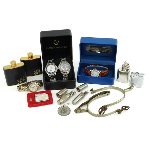 2470 - Objects and sundry items including Rotary wristwatch, spurs and hip flasks