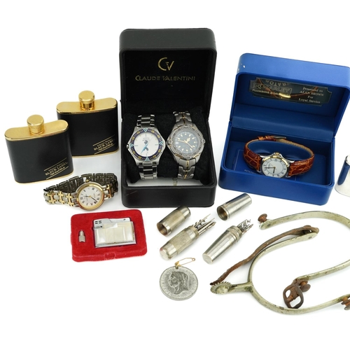 2470 - Objects and sundry items including Rotary wristwatch, spurs and hip flasks