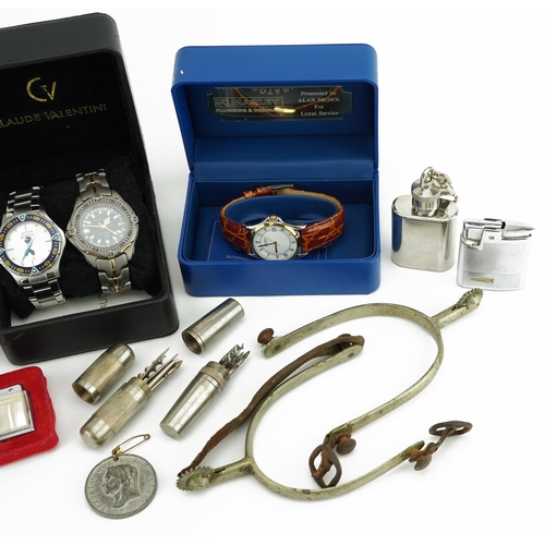 2470 - Objects and sundry items including Rotary wristwatch, spurs and hip flasks