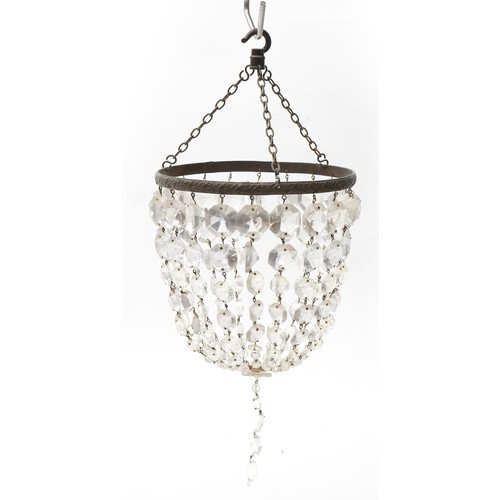 2532 - Two brass bag chandeliers with cut glass drops, the largest 26cm in diameter