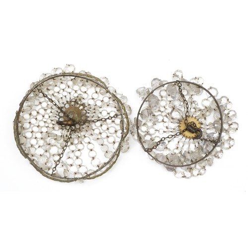 2532 - Two brass bag chandeliers with cut glass drops, the largest 26cm in diameter