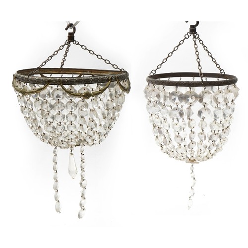 2532 - Two brass bag chandeliers with cut glass drops, the largest 26cm in diameter