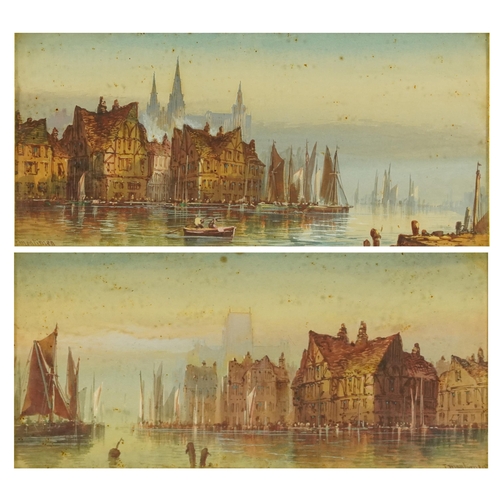 2681 - T Montimer - Sailing boats on a river before a cathedral, pair of continental watercolours, each mou... 