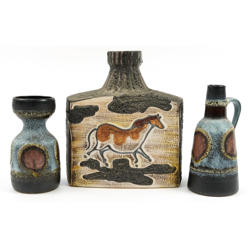 230 - Mid century West German pottery including a Scheurich horse flask vase numbered 281-59, the largest ... 