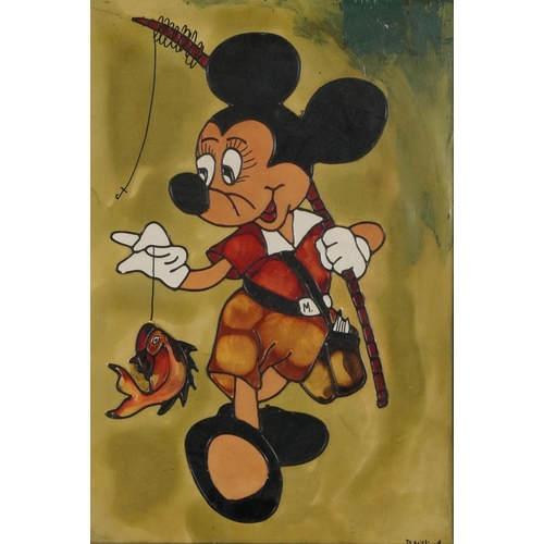 2594 - Mickey Mouse with a fish, comical mixed media, indistinctly signed, partially obscured by the mount,... 