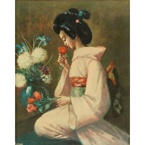 2621 - Female wearing a kimono holding flowers, print in colour, partial label verso, framed, 60cm x 47cm e... 