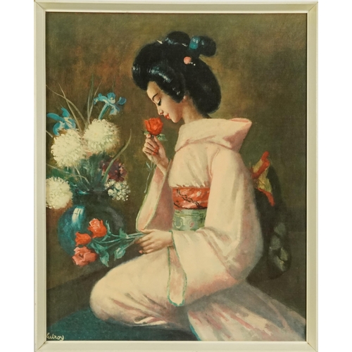 2621 - Female wearing a kimono holding flowers, print in colour, partial label verso, framed, 60cm x 47cm e... 