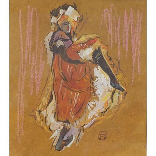 2461 - Manner of Henri de Toulouse-Lautrec - Portrait of a female dancing, mixed media on card, Jeanne Buch... 