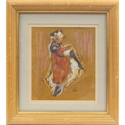 2461 - Manner of Henri de Toulouse-Lautrec - Portrait of a female dancing, mixed media on card, Jeanne Buch... 