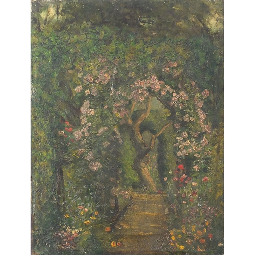 2523 - Flowers and trees before an archway, oil on canvas, unframed, 43cm x 33cm