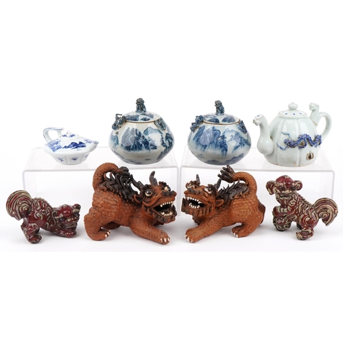 2326 - Chinese ceramics including two blue and white teapots, pair of blue and white lidded jars and Foo do... 