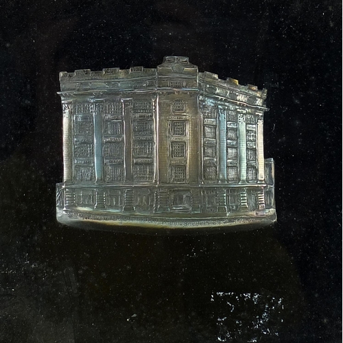 2535 - Silvered plaque of the W H Smith & Son building housed in a glazed ebonised display case, overall 26... 