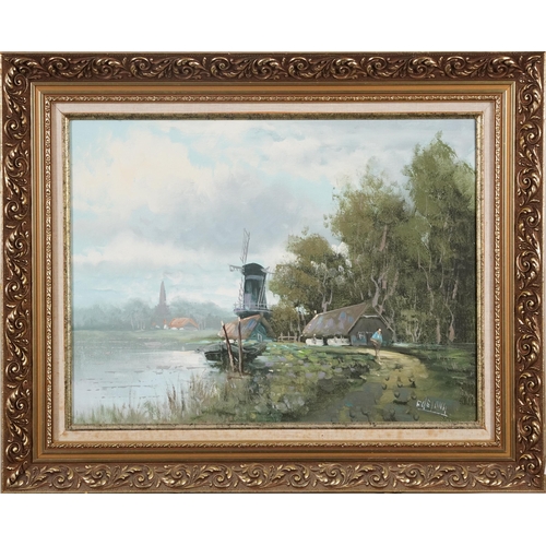 2465 - Moored boat with windmill beside water, Impressionist oil on canvas, bearing an indistinct signature... 