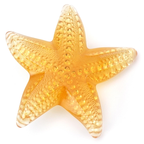 90 - Lalique, French frosted and clear amber glass starfish paperweight etched Lalique France, 10.5cm wid... 