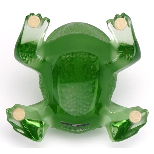 85 - Lalique, French frosted green glass Gregory toad paperweight with label, etched Lalique France, 10.5... 