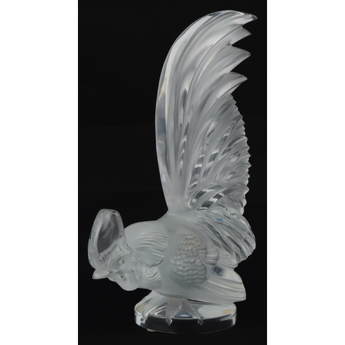 Lalique, French automobilia interest frosted and clear glass Coq Nain glass car mascot in the form of a rooster, with label, etched Lalique France, 21cm high