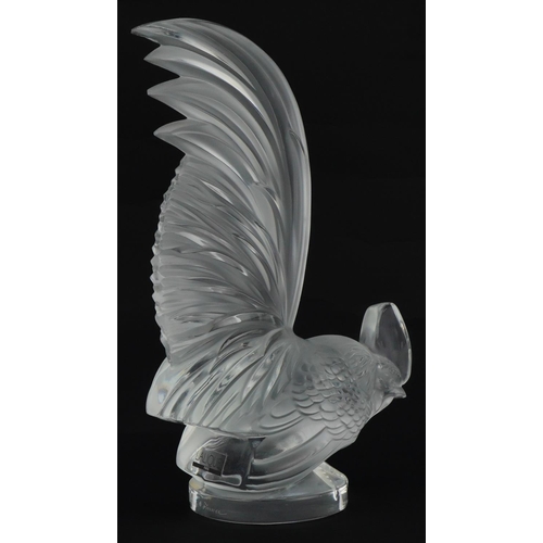 82 - Lalique, French automobilia interest frosted and clear glass Coq Nain glass car mascot in the form o... 