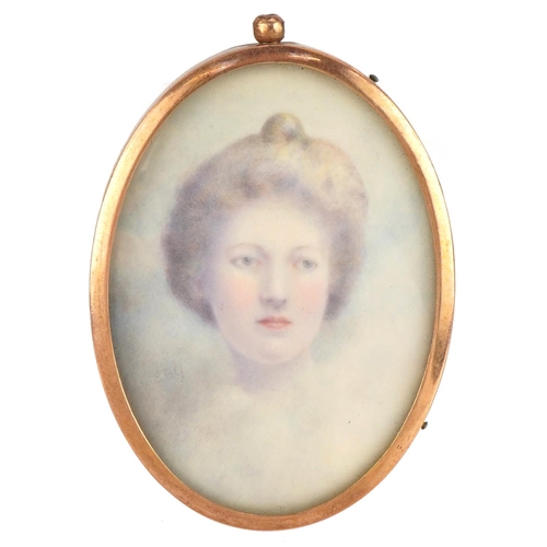 2635 - Oval portrait miniature of a young female housed in a gold plated frame, 7cm x 5cm excluding the fra... 