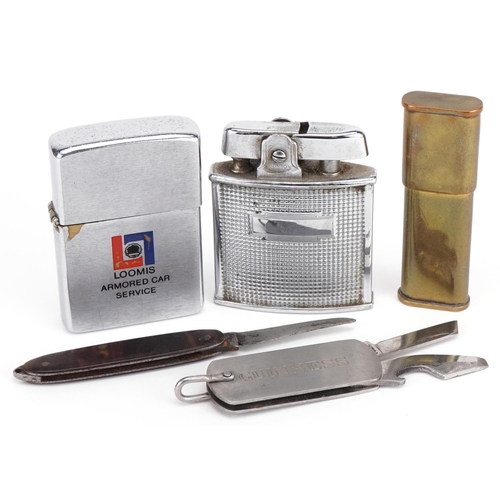 2634 - Lighters and folding knives including Zippo example commemorating Loomis Armoured Car Service