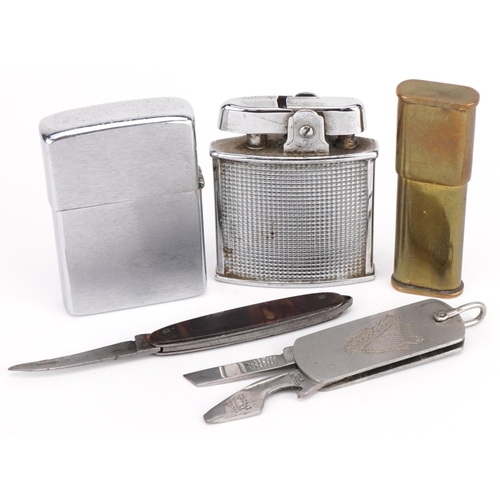 2634 - Lighters and folding knives including Zippo example commemorating Loomis Armoured Car Service