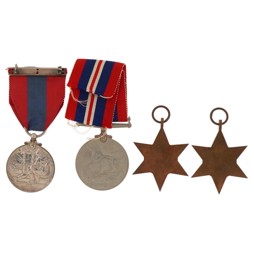 1365 - Three British military World War II medals and a George V Faithful Service medal with fitted case aw... 