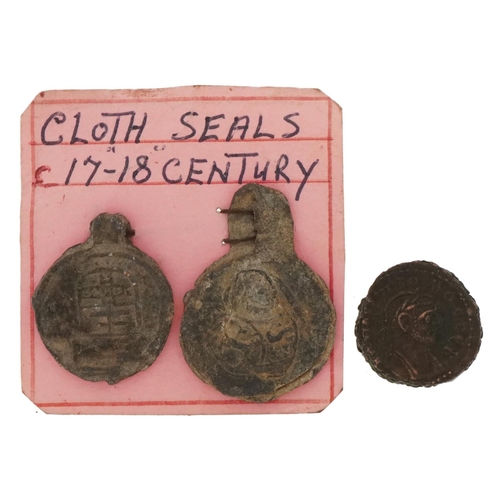 1589 - Two 17th/18th century lead cloth seals and a Roman coin