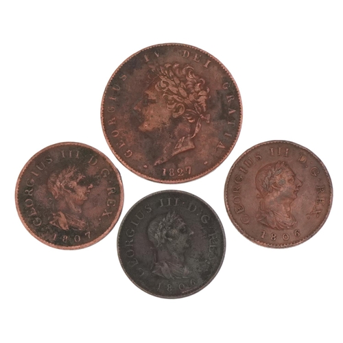 1572 - George III and later British coinage comprising 1826 half penny and three farthings, 1806, 1806 and ... 