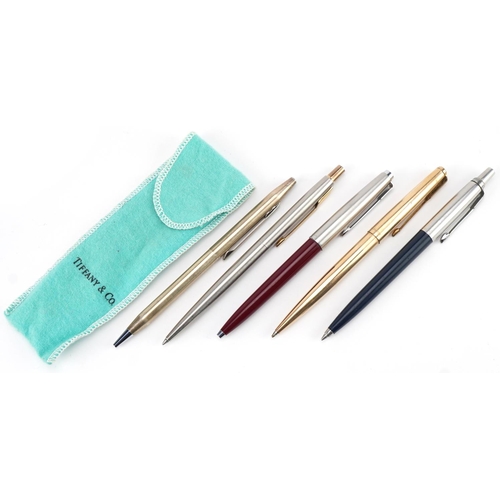 732 - Tiffany & Co sterling silver ballpoint pens and four Parker examples, one with 12ct rolled gold case