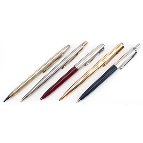 732 - Tiffany & Co sterling silver ballpoint pens and four Parker examples, one with 12ct rolled gold case