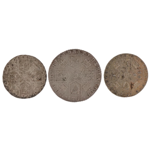 1521 - Three George III silver 1787 coins comprising shilling and two sixpences