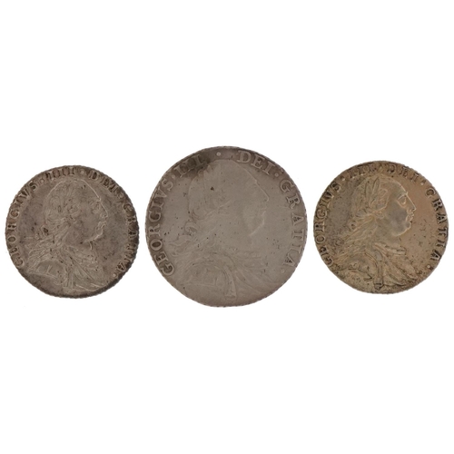 1521 - Three George III silver 1787 coins comprising shilling and two sixpences