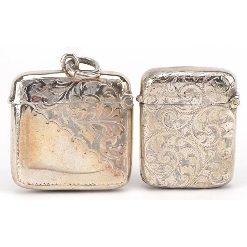 163 - Two Edwardian and later engraved silver vestas, the largest 4cm wide, total 43.8g