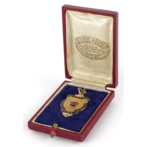 1694 - Sporting interest 9ct rose gold and enamel Liverpool and district C of E Sports League jewel engrave... 