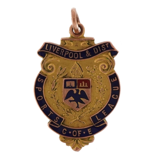 1694 - Sporting interest 9ct rose gold and enamel Liverpool and district C of E Sports League jewel engrave... 