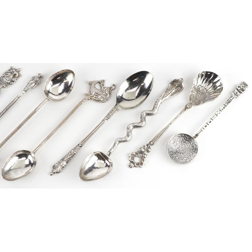 495 - Ten Georgian and later silver and white metal teaspoons and a pickle fork, including some Indian and... 