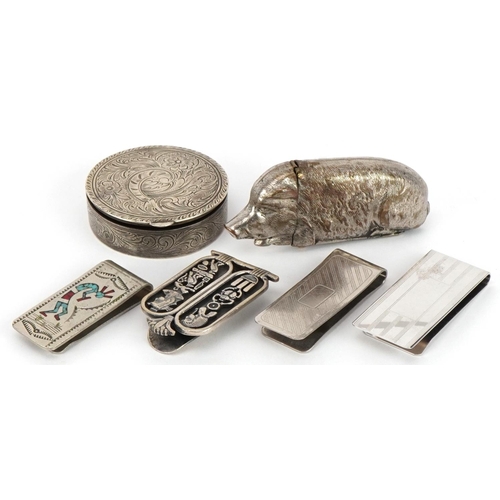 704 - Silver and white metal objects comprising Egyptian Revival money clip, Wilson Carolyn Begay money cl... 