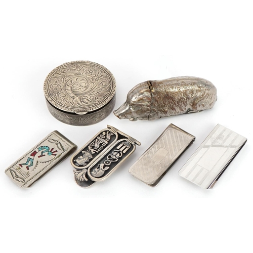 704 - Silver and white metal objects comprising Egyptian Revival money clip, Wilson Carolyn Begay money cl... 