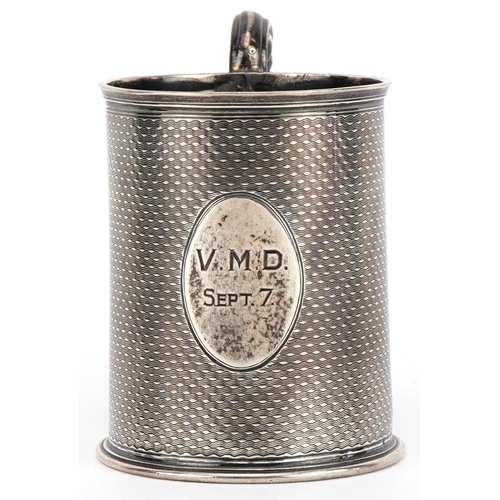 129 - Victorian engine turned silver christening tankard, WH maker's marks, London 1863, 10cm high, 123.1g