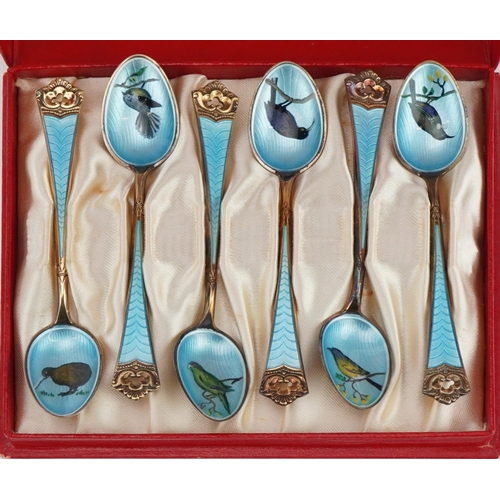 David Andersen, set of six Norwegian 925S sterling silver blue guilloche enamel teaspoons enamelled with birds, housed in a David Andersen fitted box, 10cm in length, 65.0g