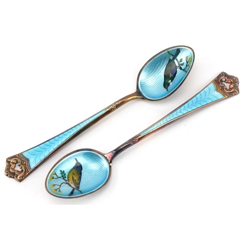 158 - David Andersen, set of six Norwegian 925S sterling silver blue guilloche enamel teaspoons enamelled ... 