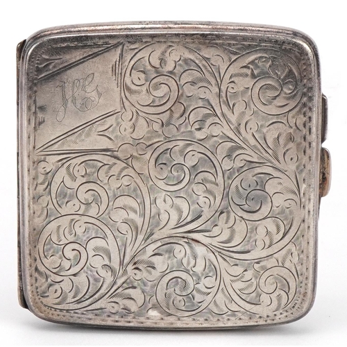 492 - John Thompson & Sons, George V engraved silver cigrarette case, London 1923, 8cm x 8cm, 116.1g