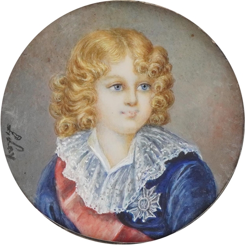 213 - Antique circular portrait miniature of Napoleon II as a toddler, indistinctly signed Lay, housed in ... 