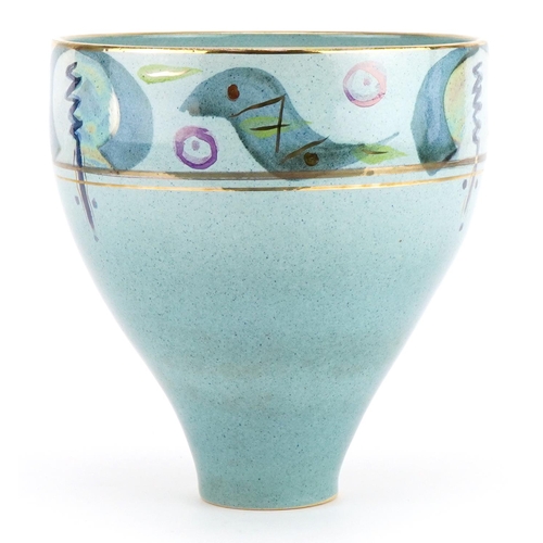 607 - John & Leonie Cohen, contemporary studio pottery vase hand painted with stylised birds, paper label ... 