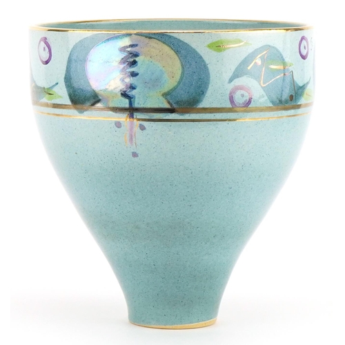 607 - John & Leonie Cohen, contemporary studio pottery vase hand painted with stylised birds, paper label ... 