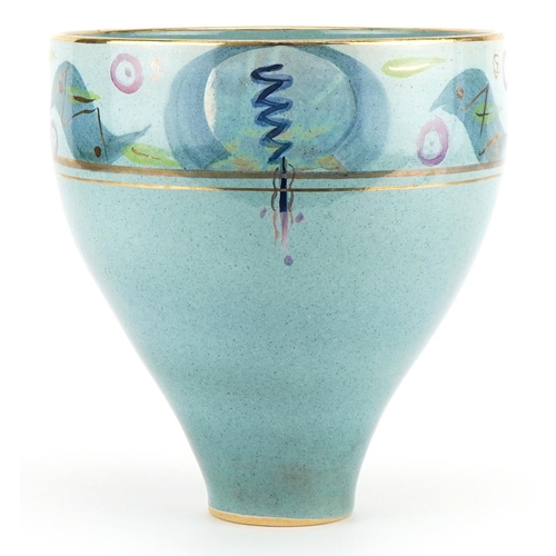 607 - John & Leonie Cohen, contemporary studio pottery vase hand painted with stylised birds, paper label ... 