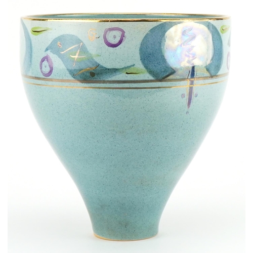 607 - John & Leonie Cohen, contemporary studio pottery vase hand painted with stylised birds, paper label ... 