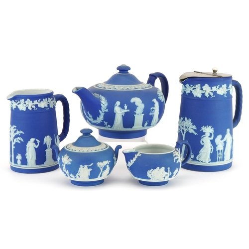 2295 - Wedgwood blue and white Jasperware decorated with classical Grecian females and Putti including teap... 