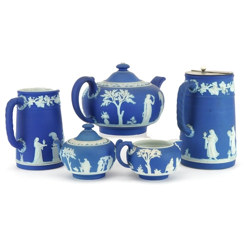 2295 - Wedgwood blue and white Jasperware decorated with classical Grecian females and Putti including teap... 