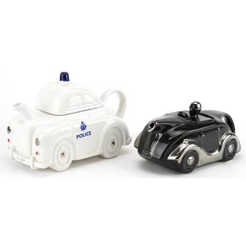 606 - Two novelty porcelain teapots including one in the form of a racing teapot inscribed J Samuel McKevi... 